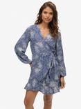 Superdry Printed Long Sleeve Wrap Mini Dress, Navy/Multi