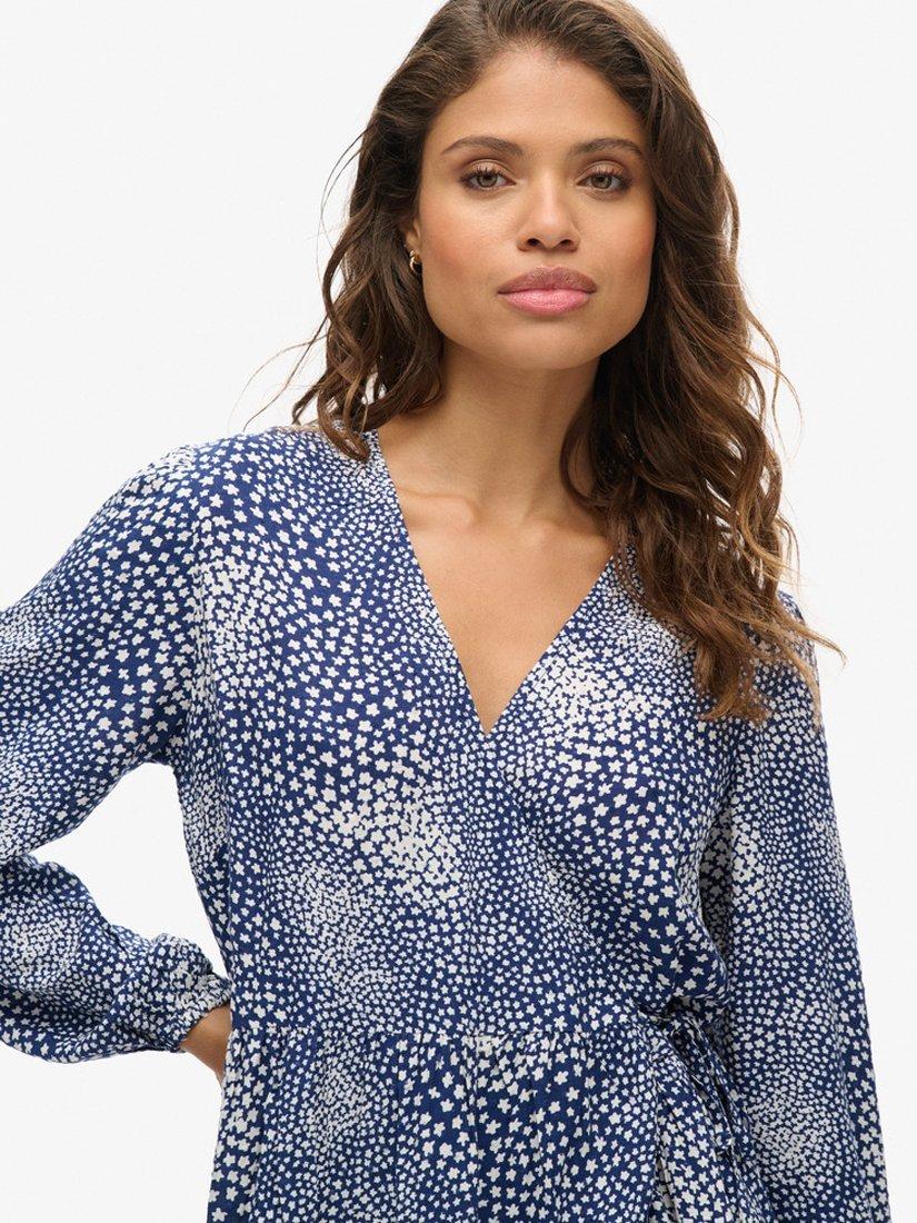 Product image 2 of 3, which shows Superdry Printed Long Sleeve Wrap Mini Dress, Navy/Multi, 14