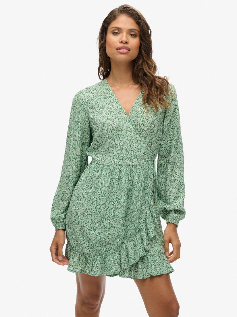 Superdry Printed Long Sleeve Wrap Mini Dress, Meadow Green