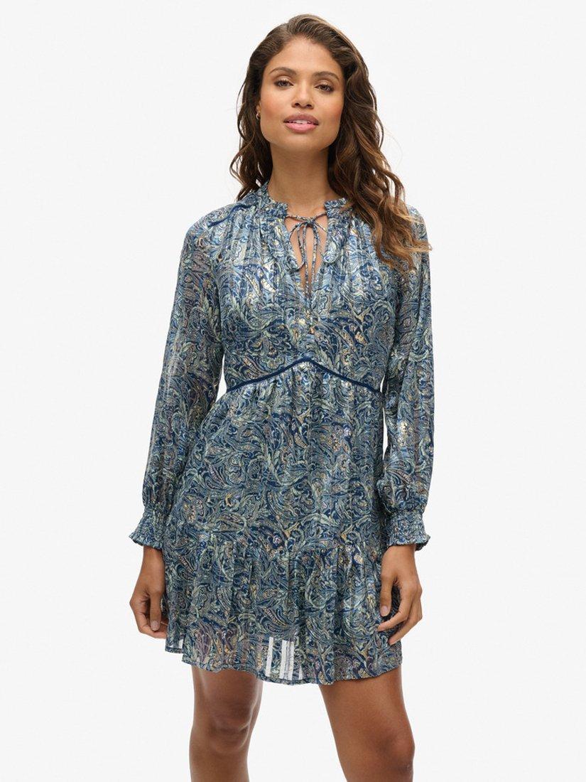 Superdry Print Metallic Mini Dress, Leaf Paisley Green