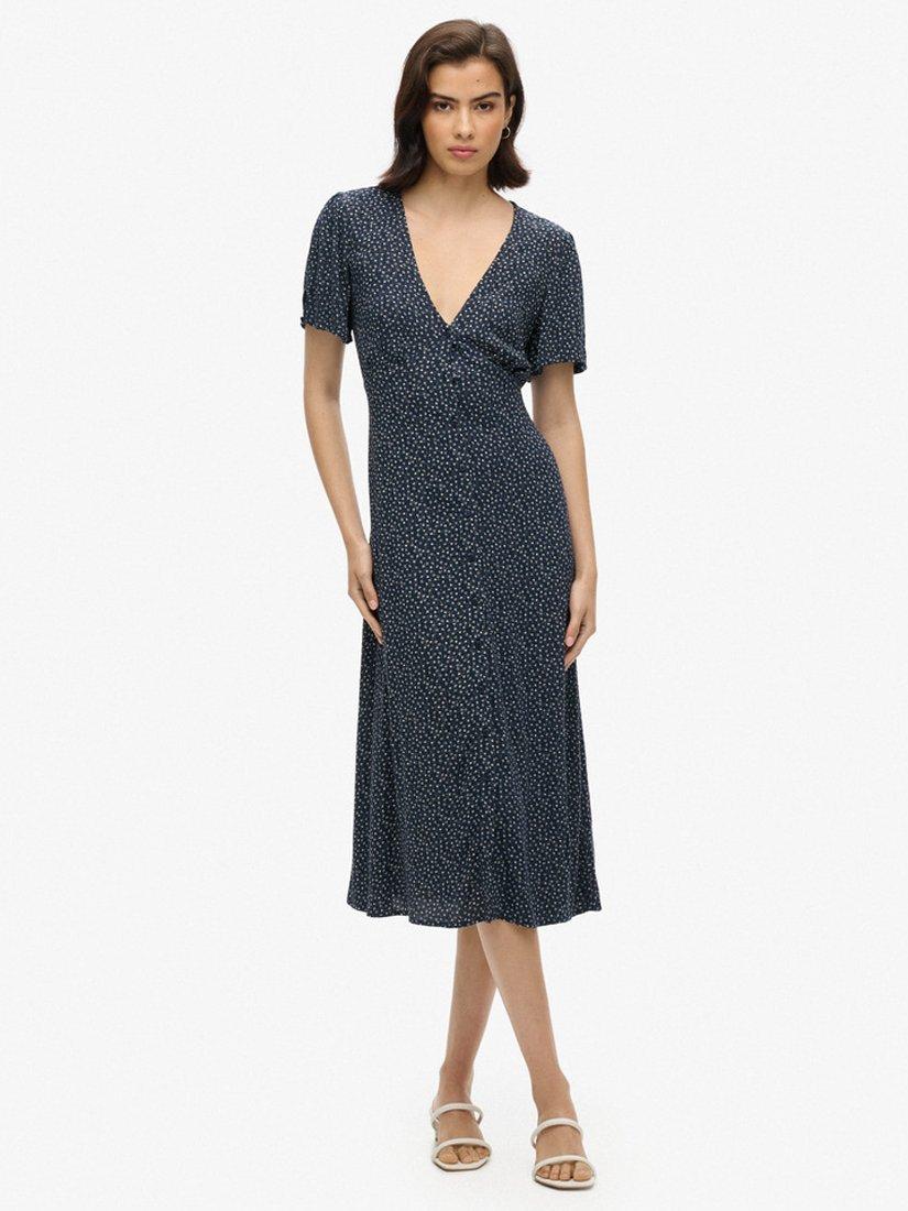 Product image 1 of 5, which shows Superdry Printed Button Short Sleeve Midi Tea Dress, Disty Flower Navy, 6