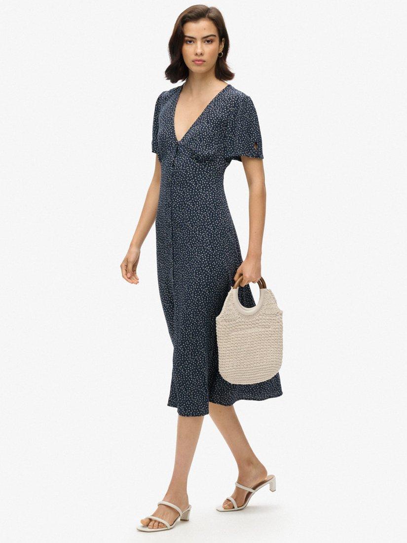 Product image 2 of 5, which shows Superdry Printed Button Short Sleeve Midi Tea Dress, Disty Flower Navy, 6