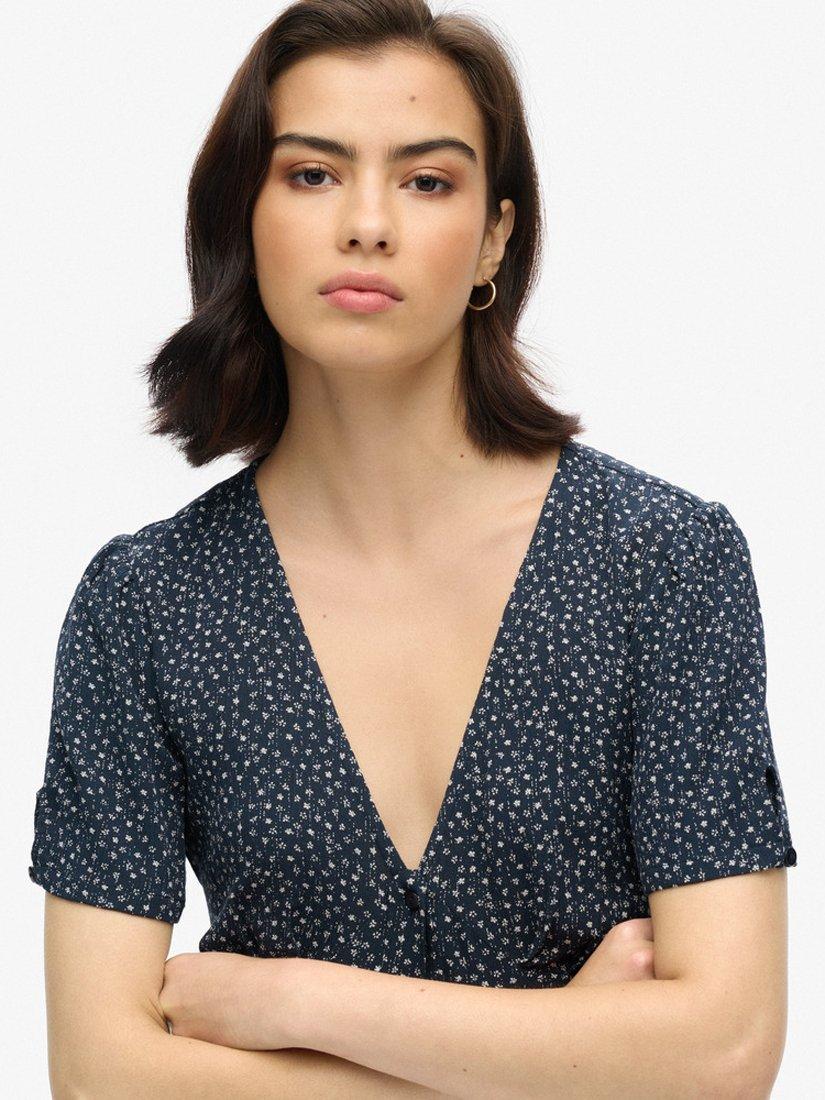 Product image 4 of 5, which shows Superdry Printed Button Short Sleeve Midi Tea Dress, Disty Flower Navy, 6