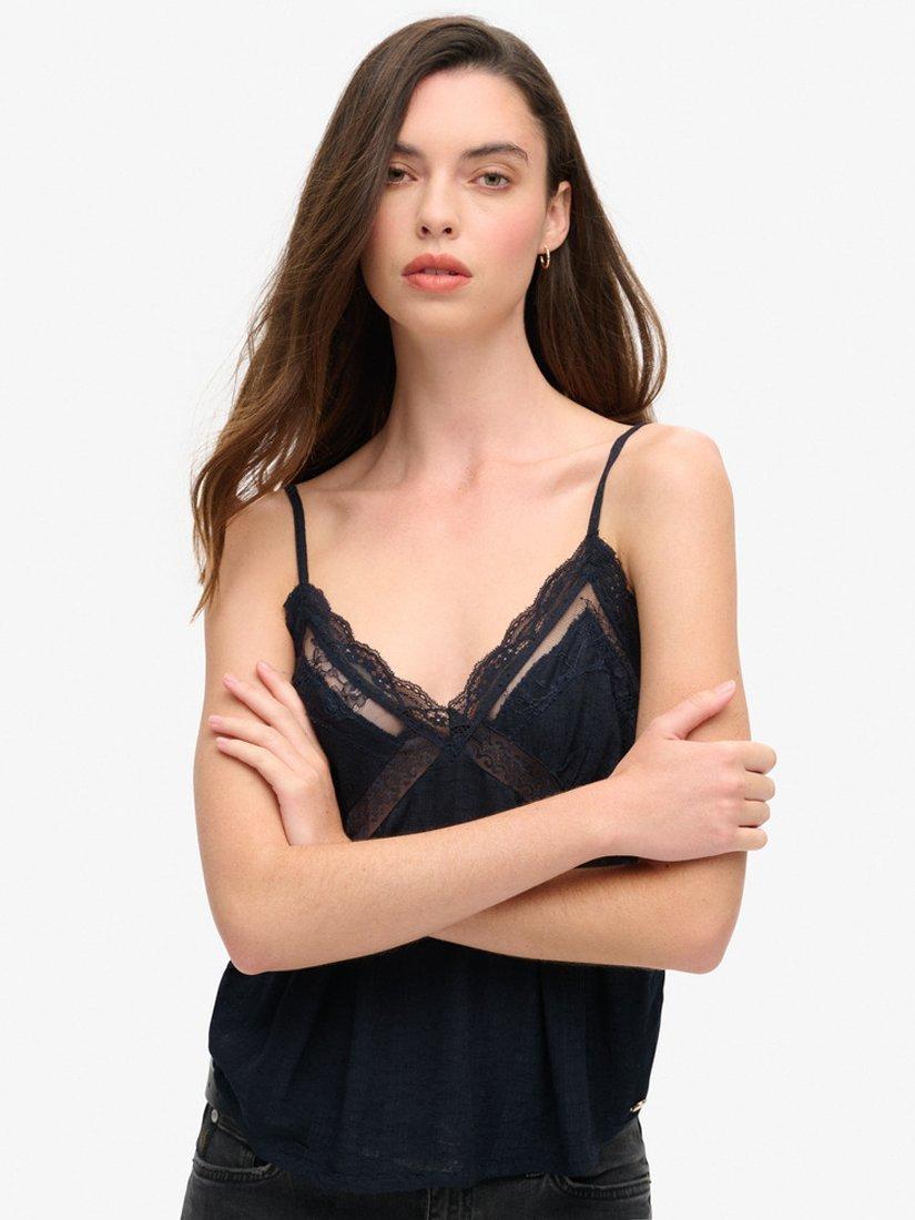 Product image 1 of 4, which shows Superdry Ibiza Sheer Lace Cami Top, Eclipse Navy, 8