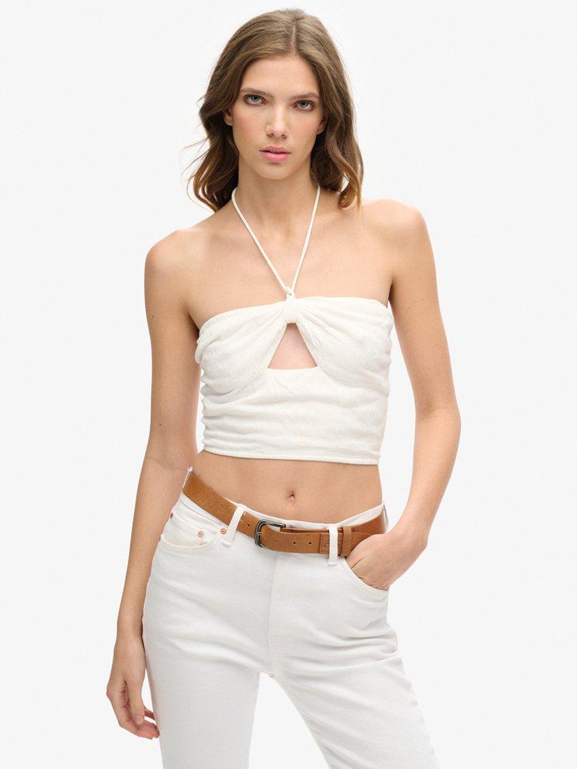 Product image 1 of 4, which shows Superdry Halterneck Cut Out Crop Top, Off White, 12