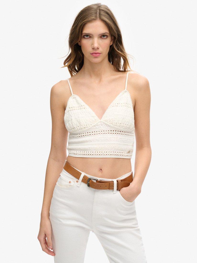 Product image 1 of 4, which shows Superdry Jersey Lace Cropped Cami Top, Off White, 8