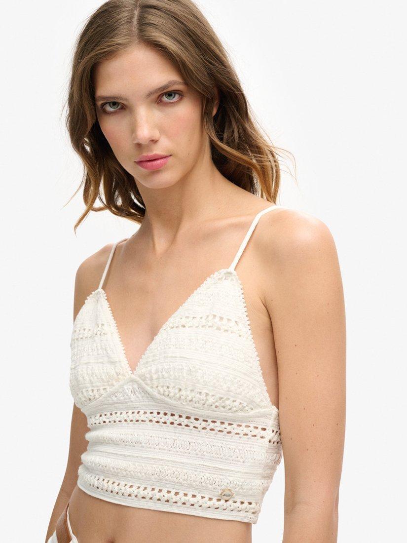 Product image 2 of 4, which shows Superdry Jersey Lace Cropped Cami Top, Off White, 8