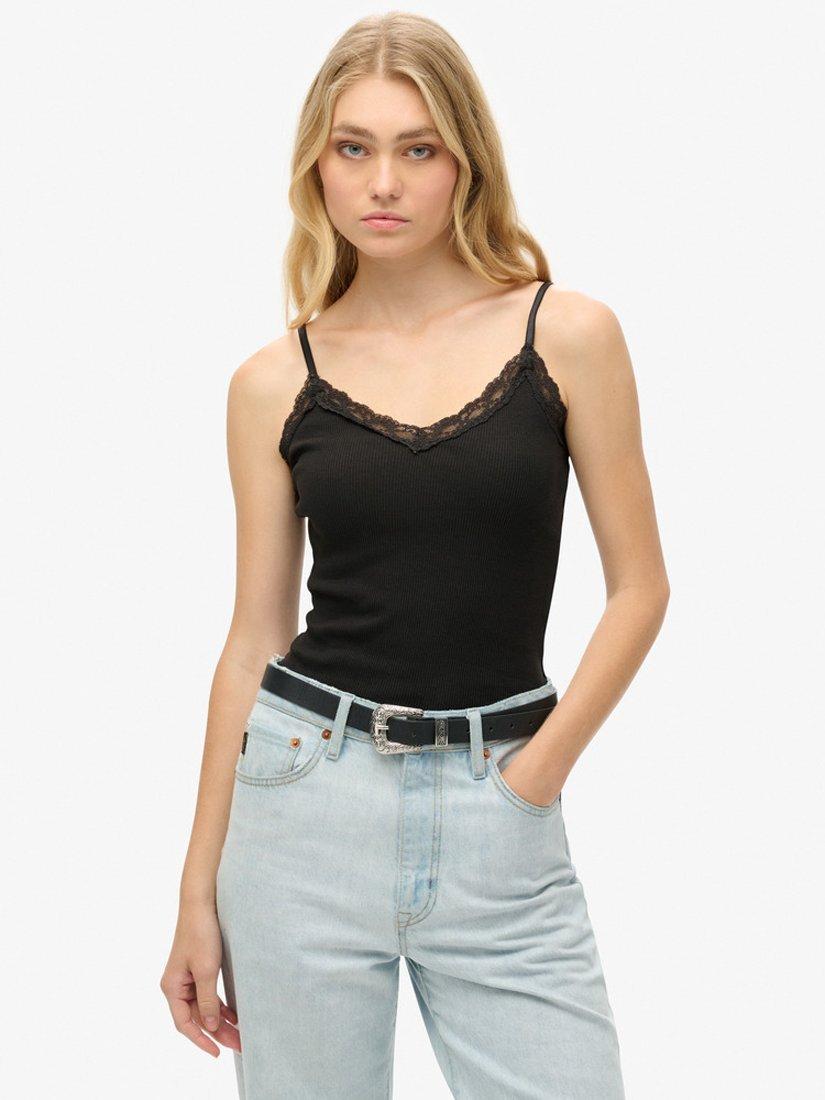 Superdry Athletic Essential Lace Trim Cami Top, Bison Black