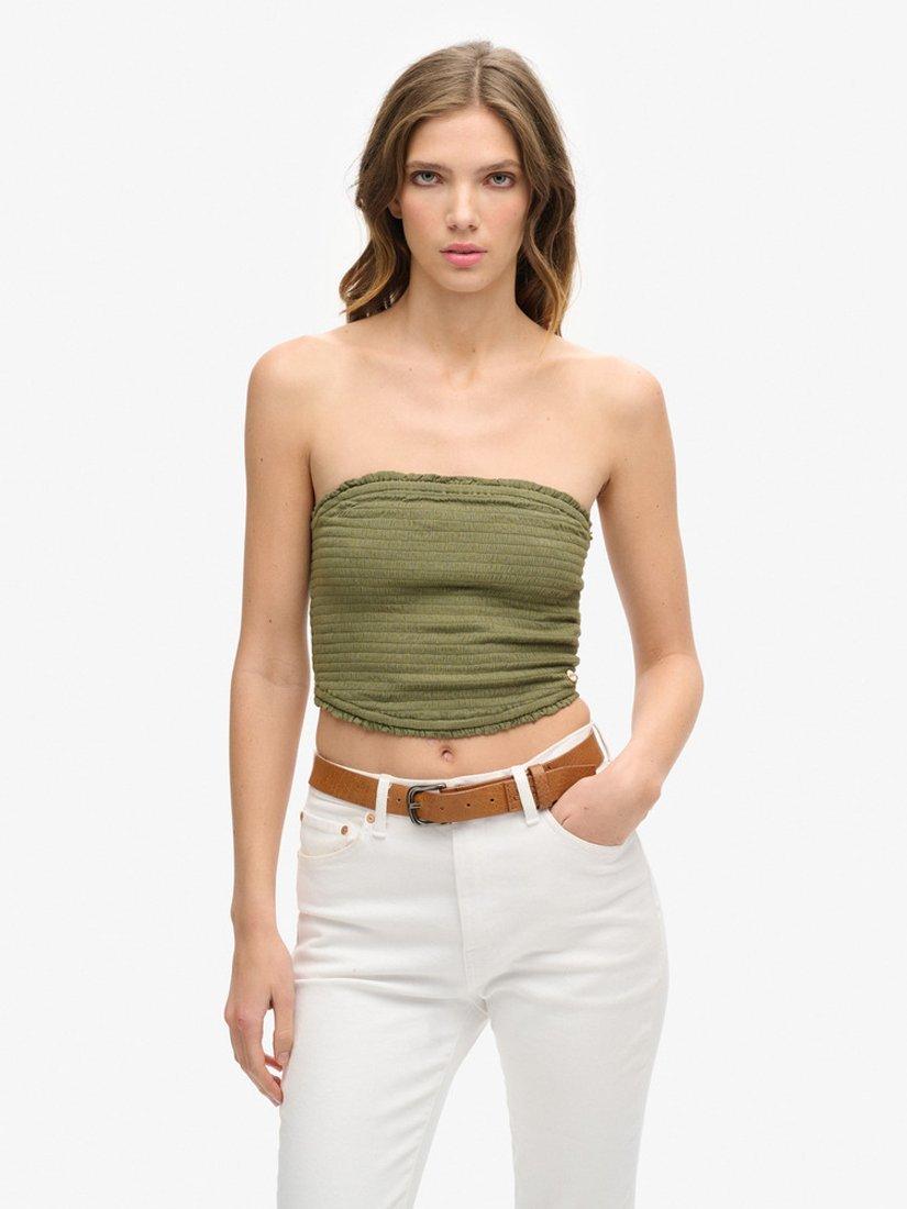 Product image 1 of 5, which shows Superdry Smocked Bandeau Top, Washed Khaki, 12