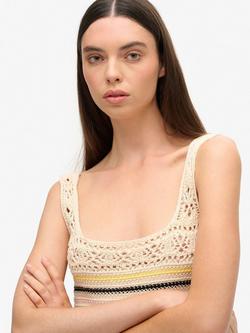 Superdry Lace Up Back Cropped Crochet Vest Top, Buttercream/Multi - view 2, Buttercream/Multi