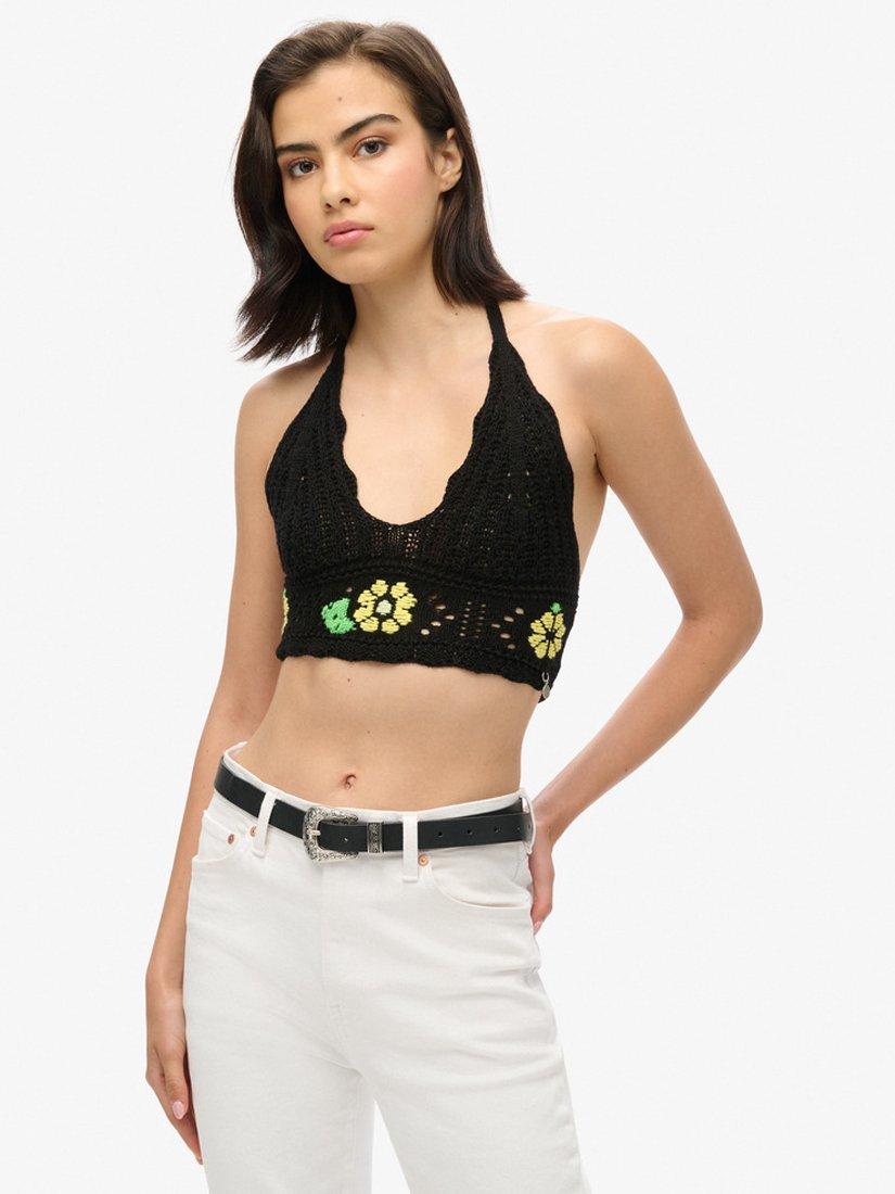 Product image 1 of 4, which shows Superdry Halterneck Crochet Flower Crop Top, Black, 6