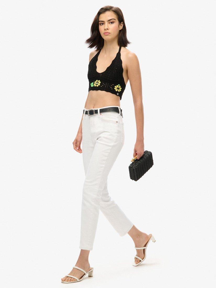 Product image 3 of 4, which shows Superdry Halterneck Crochet Flower Crop Top, Black, 6