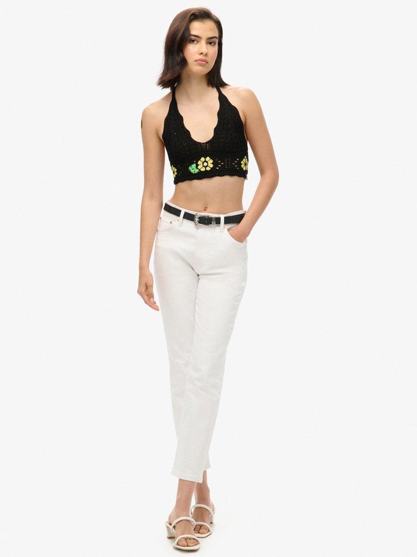 Product image 2 of 4, which shows Superdry Halterneck Crochet Flower Crop Top, Black, 6