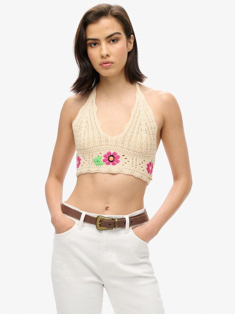 Product image 1 of 5, which shows Superdry Halterneck Crochet Flower Crop Top, Buttercream, 6
