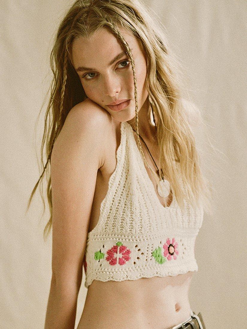 Product image 5 of 5, which shows Superdry Halterneck Crochet Flower Crop Top, Buttercream, 6