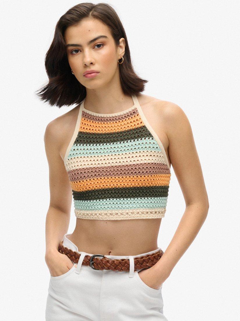Superdry Cropped Stripe Halter Crochet Top, Satsuma/Multi