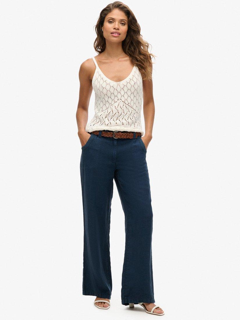Product image 1 of 5, which shows Superdry Low Rise Wide Leg Linen Trousers, Navy, 6