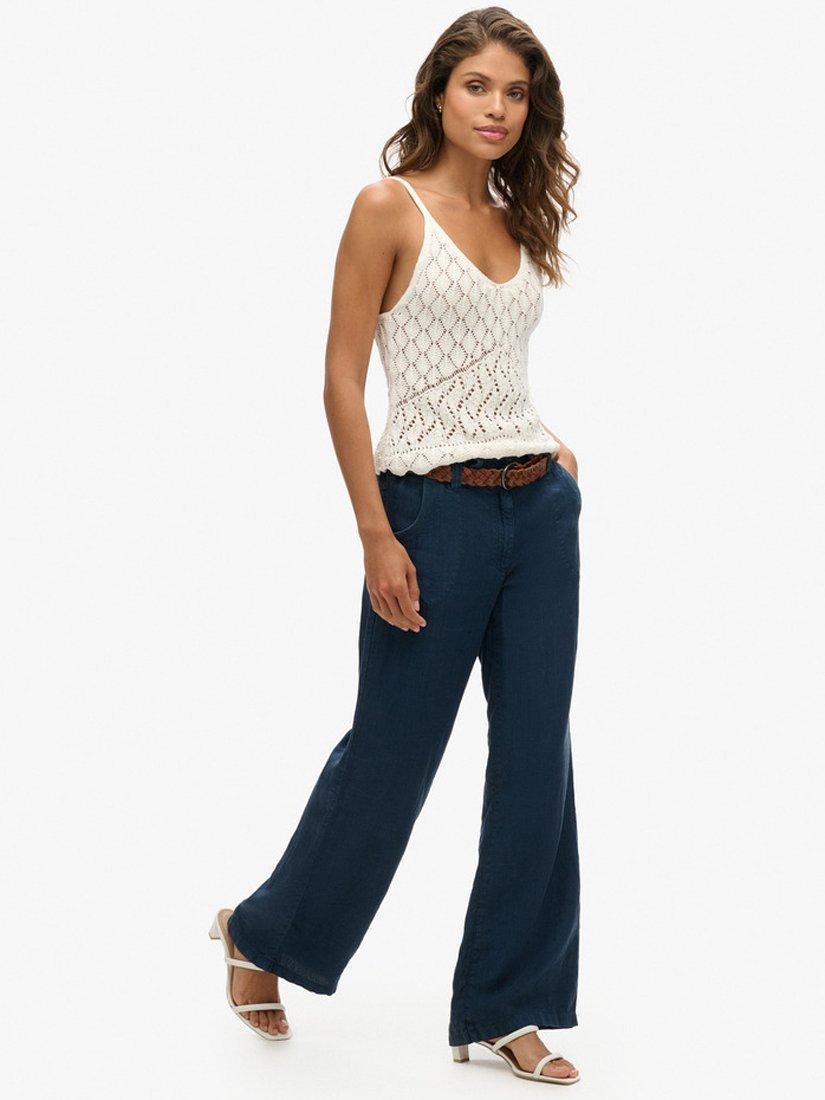 Product image 3 of 5, which shows Superdry Low Rise Wide Leg Linen Trousers, Navy, 6