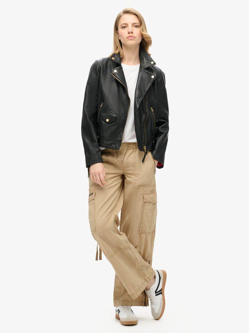 Product image 1 of 5, which shows Superdry Low Rise Wide Leg Cargo Trousers, Stonewash Taupe Brown, 26