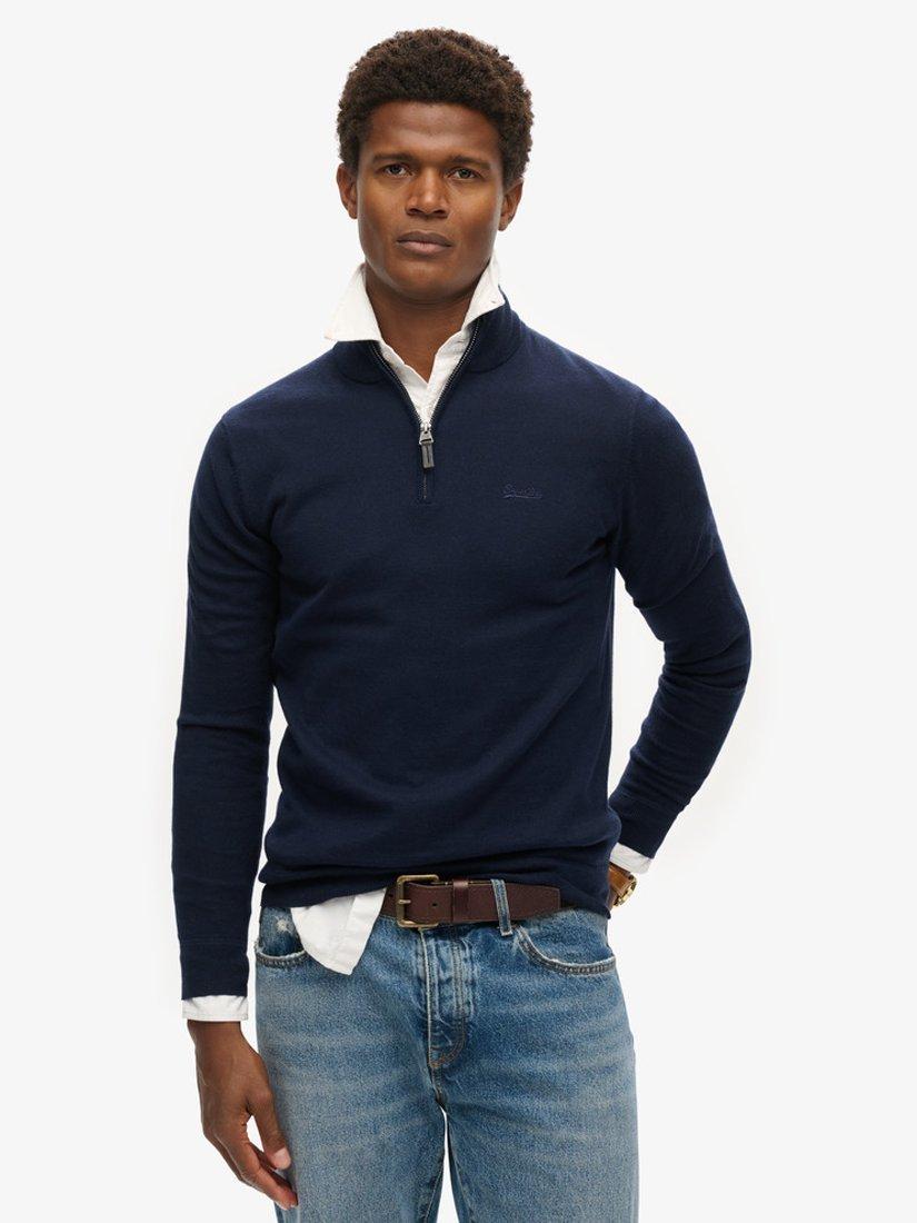 Superdry Henley Cotton Cashmere Knitted Jumper, Carbon Navy Marl