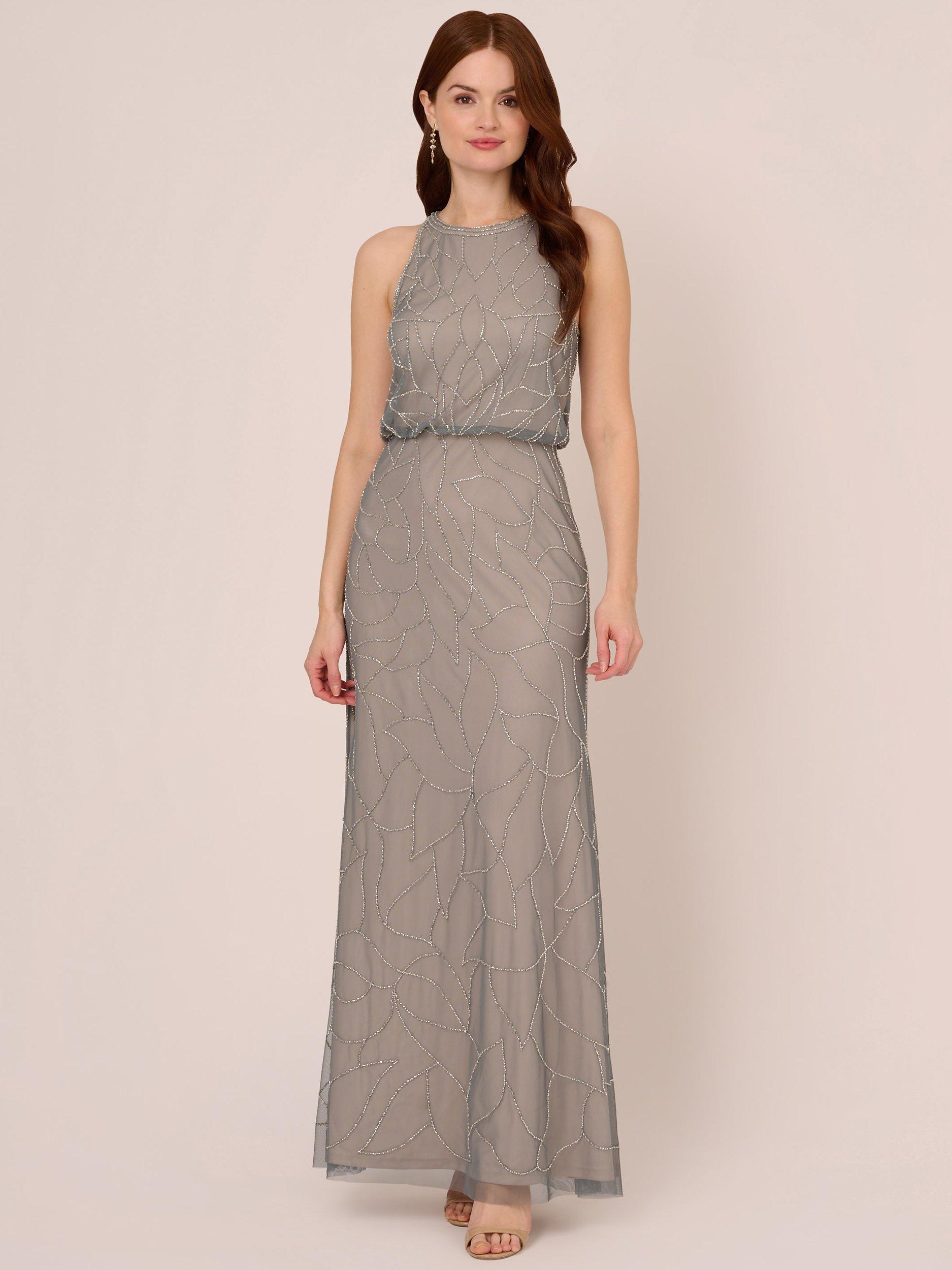 Adrianna Papell Bead Halter Blouson Dress Pewter Silver