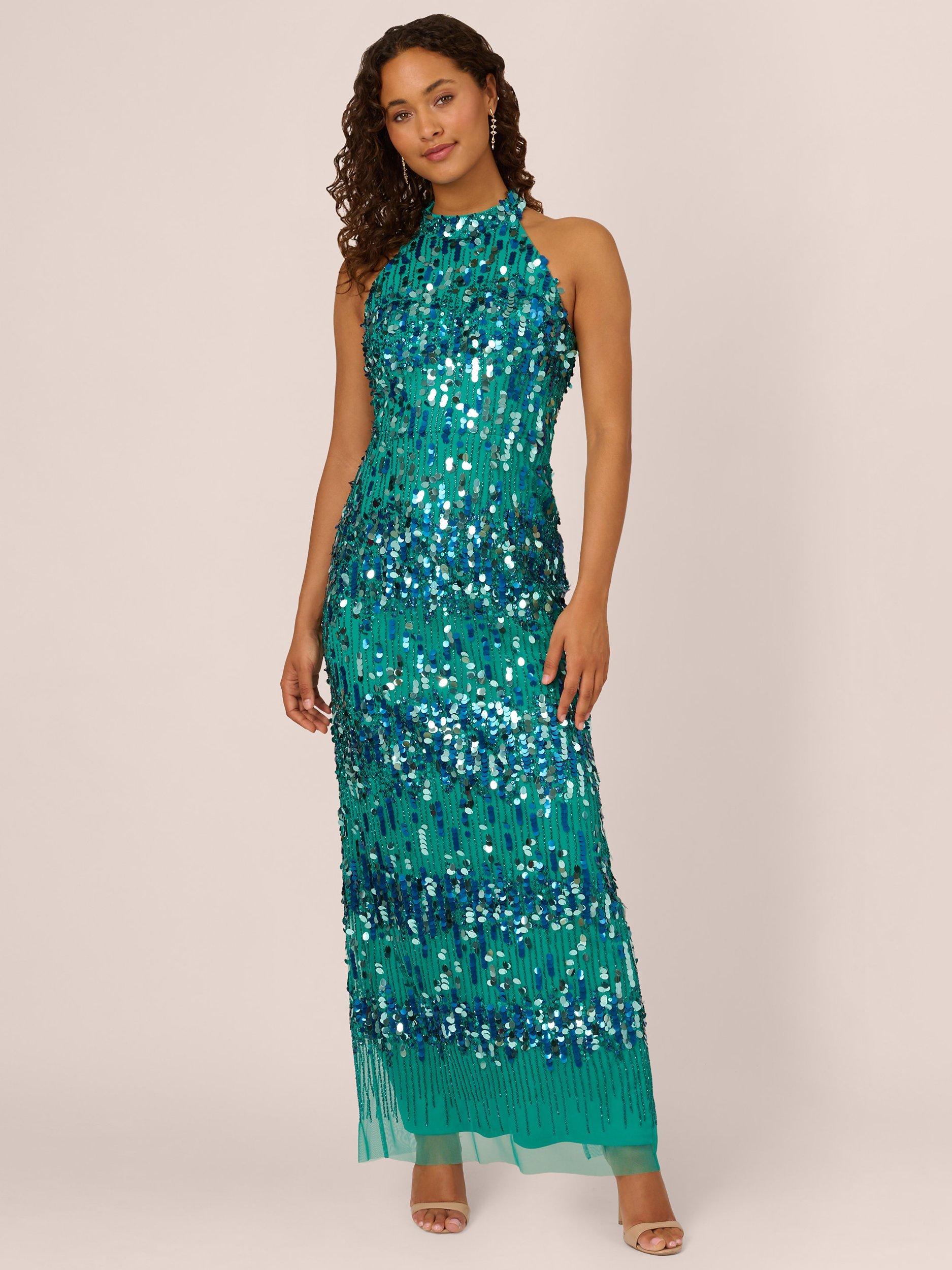 Adrianna Papell Beaded Halterneck Maxi Dress Exotic Jade