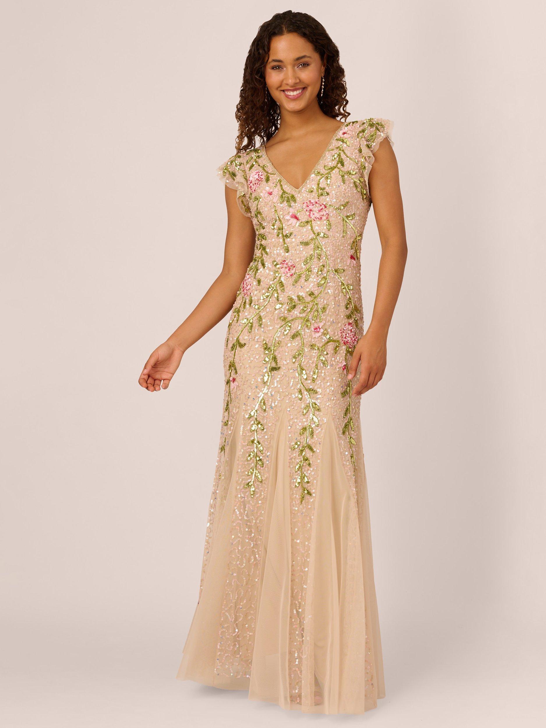 Adrianna Papell Beaded Mesh Flutter Dress Light Champagne