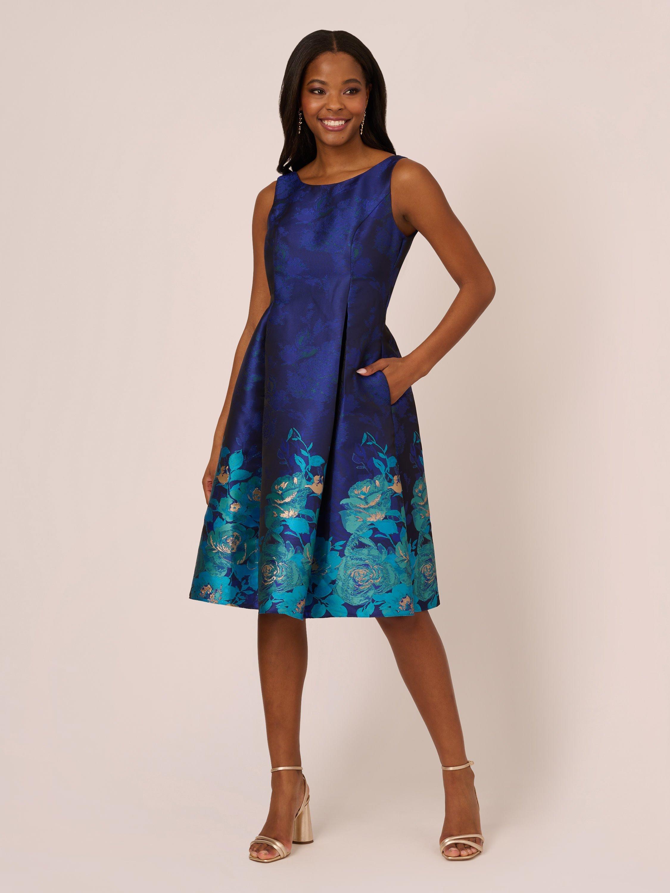 Adrianna Papell Floral Border Jacquard Dress Blue Teal