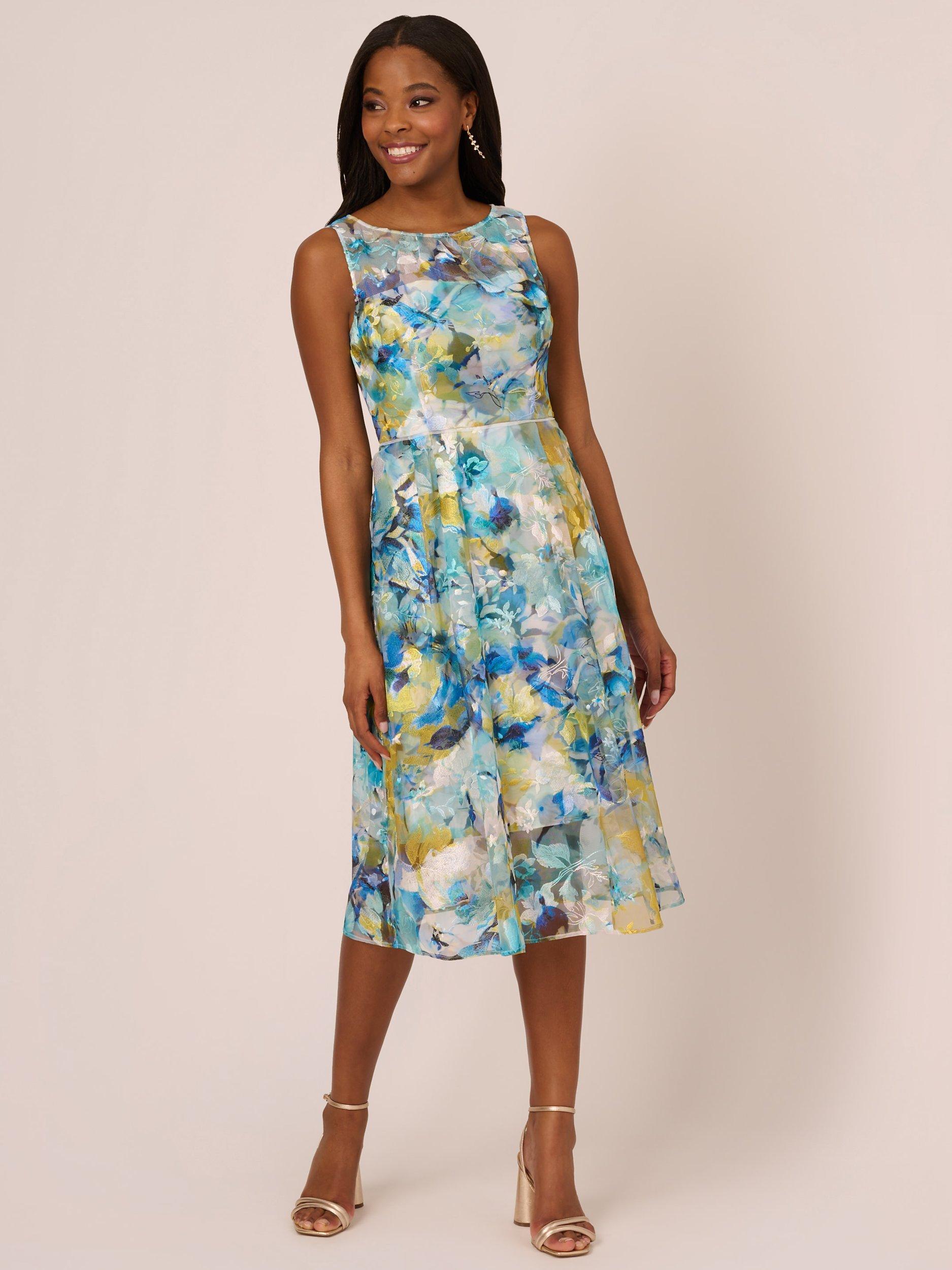 Adrianna Papell Floral Printed Veiled Dress Blue Ivory