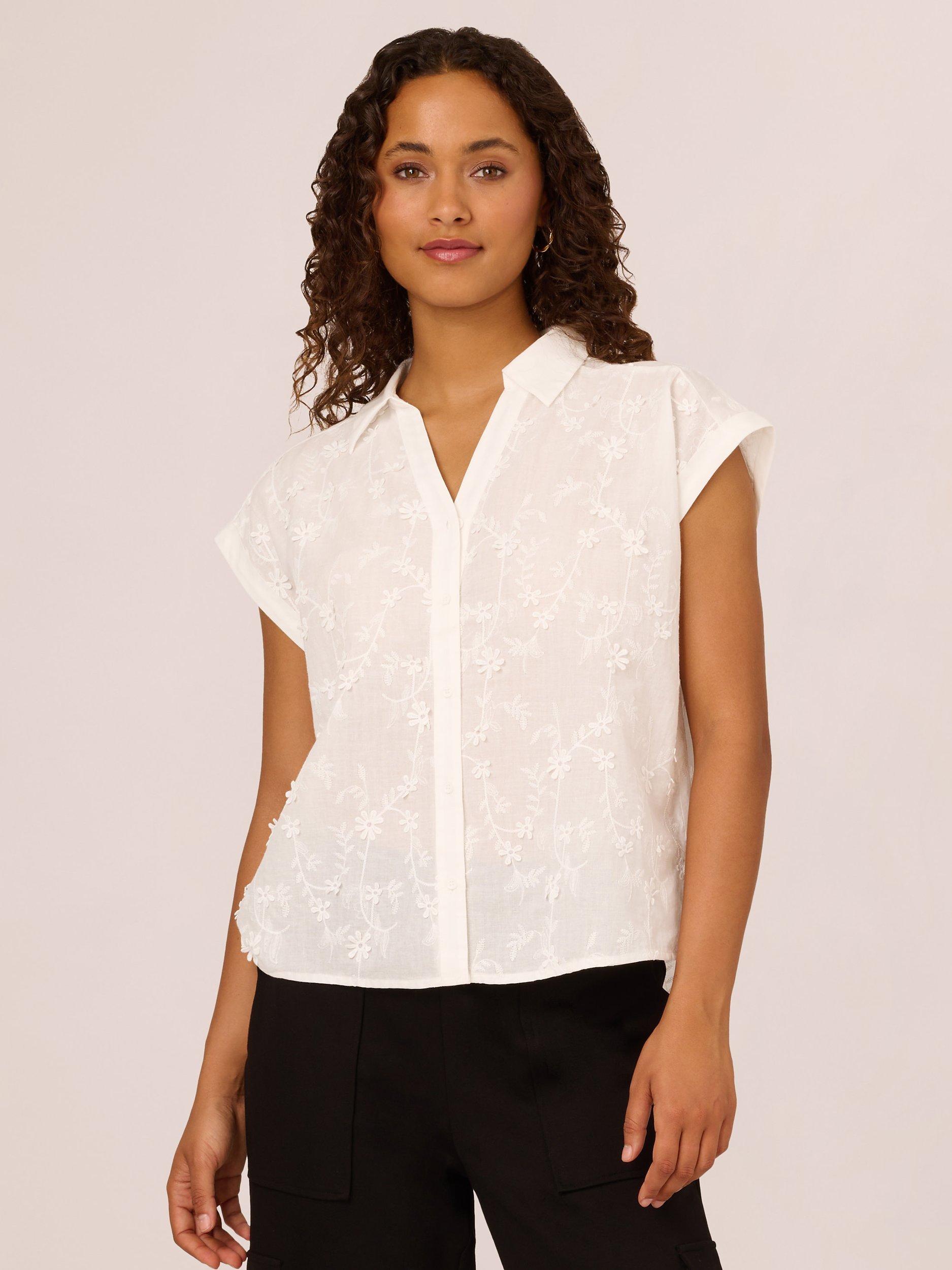 Product image 1 of 7, which shows Adrianna Papell Embroidered Floral Shirt, White, XS