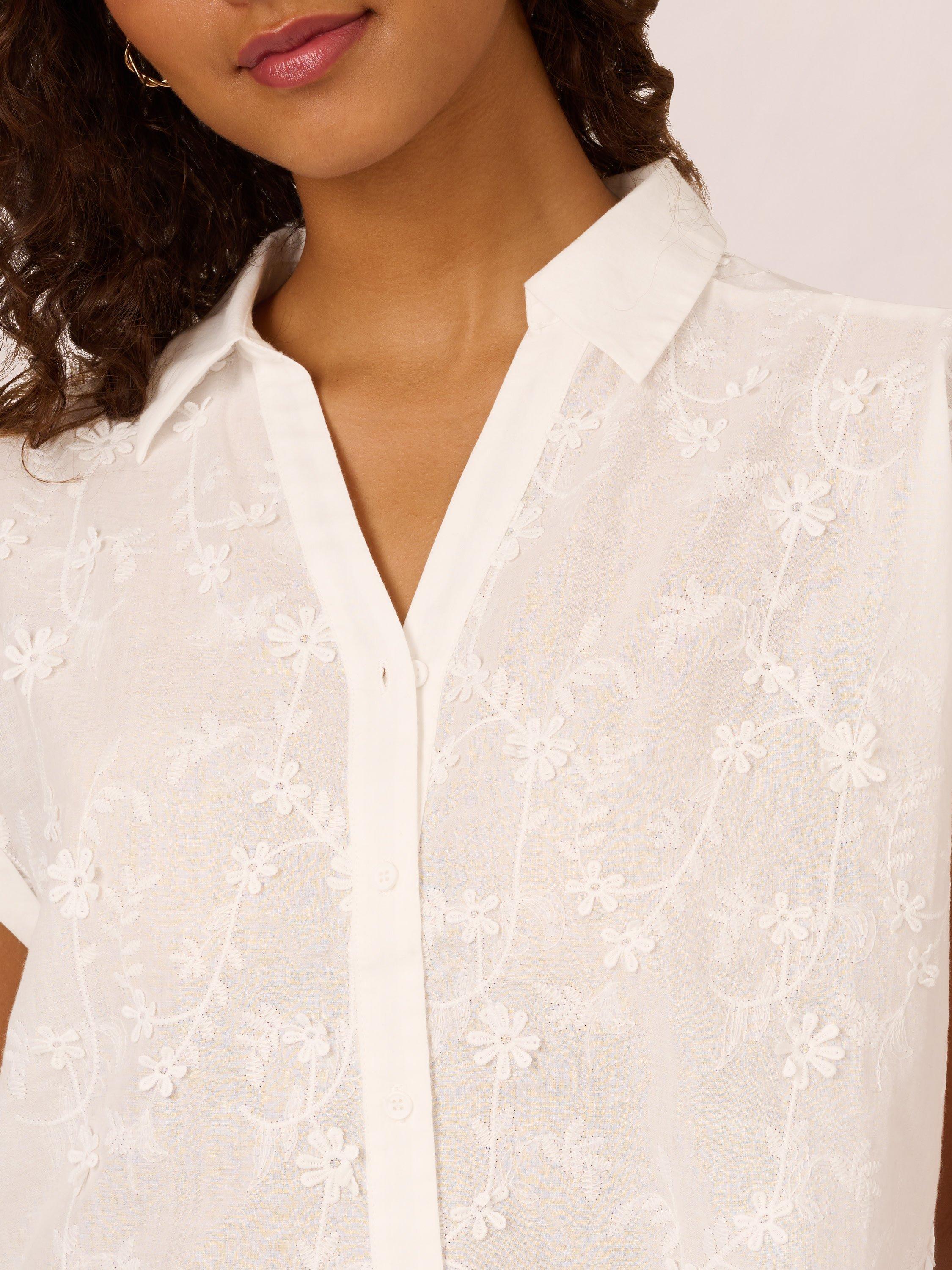Product image 4 of 7, which shows Adrianna Papell Embroidered Floral Shirt, White, XS
