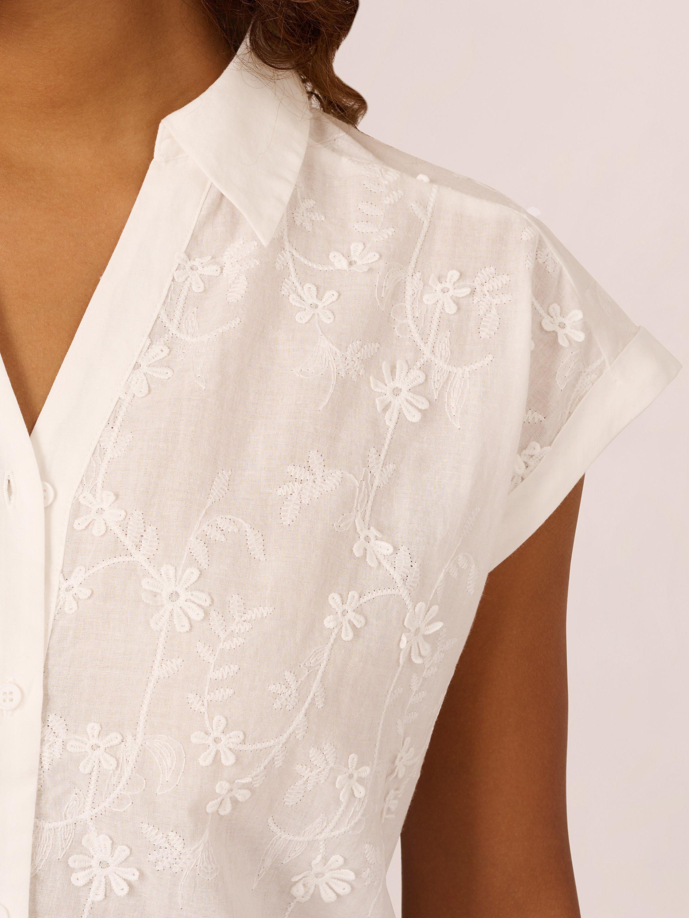 Product image 5 of 7, which shows Adrianna Papell Embroidered Floral Shirt, White, XS