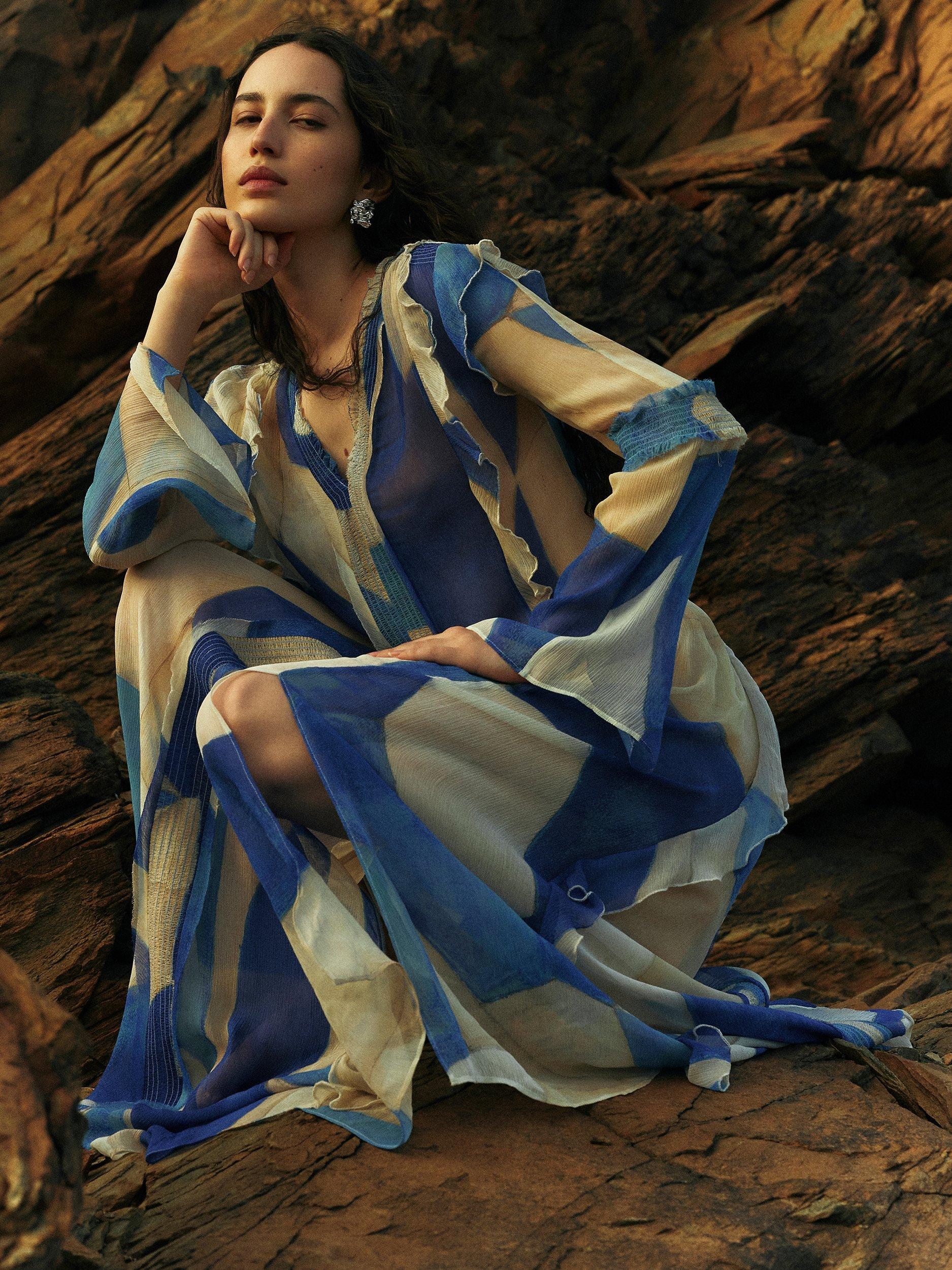 Jigsaw Hand Painted Abstract Print Maxi Dress, Blue/Multi