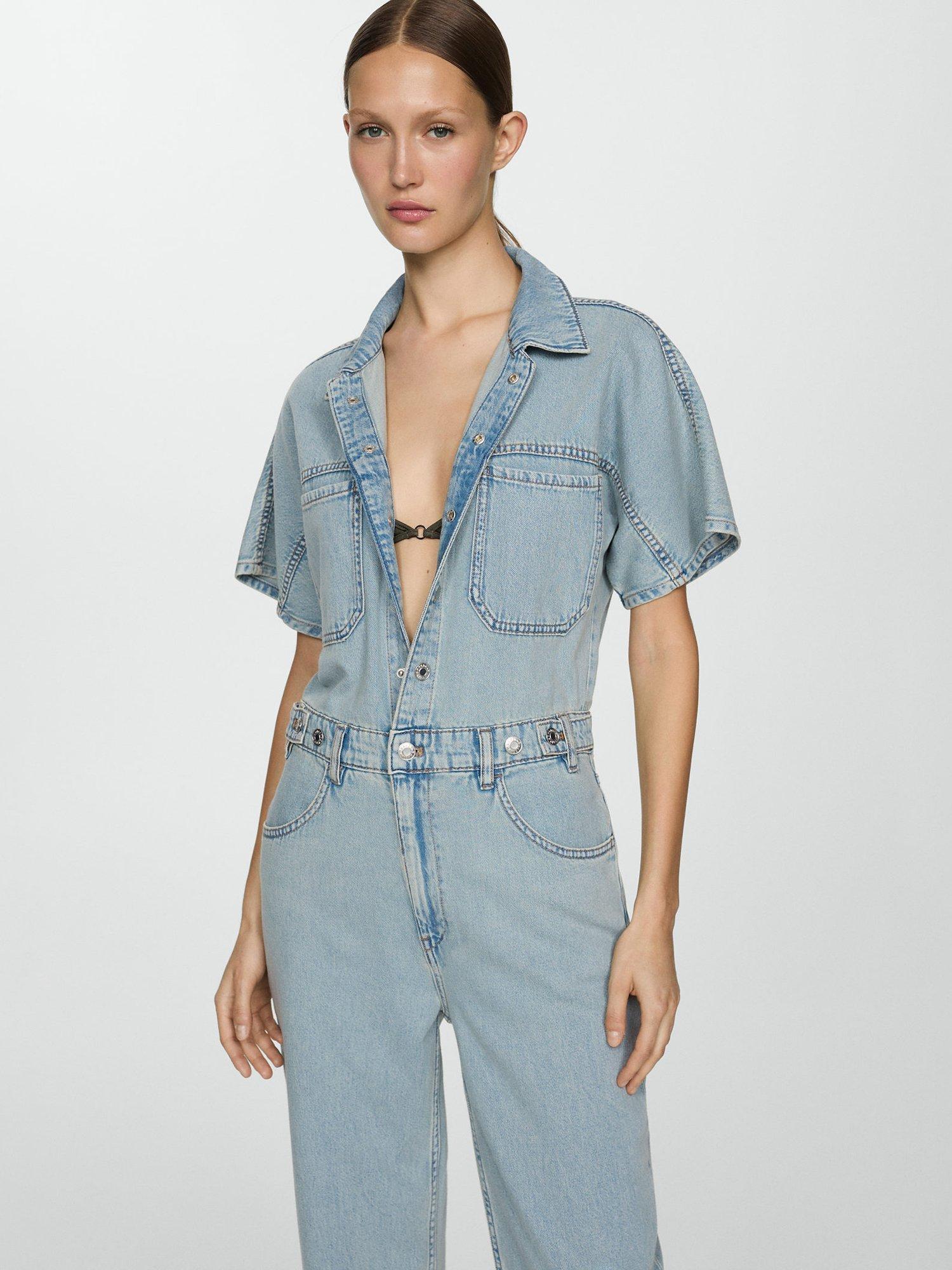 Mango Cesca Denim Boilersuit, Open Blue