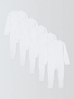 John Lewis Baby Ribbed Cotton Sleepsuit, Pack of 5, White, White