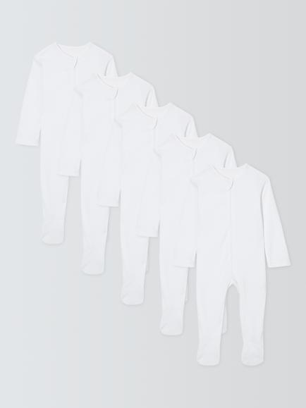 John Lewis Baby Ribbed Cotton Sleepsuit, Pack of 5, White, White
