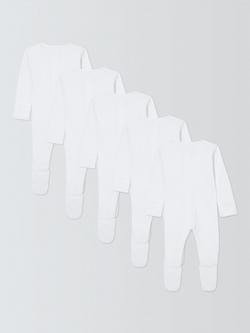 John Lewis Baby Ribbed Cotton Sleepsuit, Pack of 5, White - view 2, White