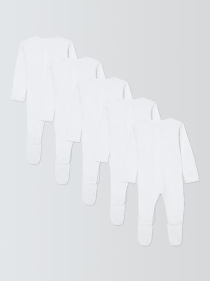 John Lewis Baby Ribbed Cotton Sleepsuit, Pack of 5, White - view 2, White