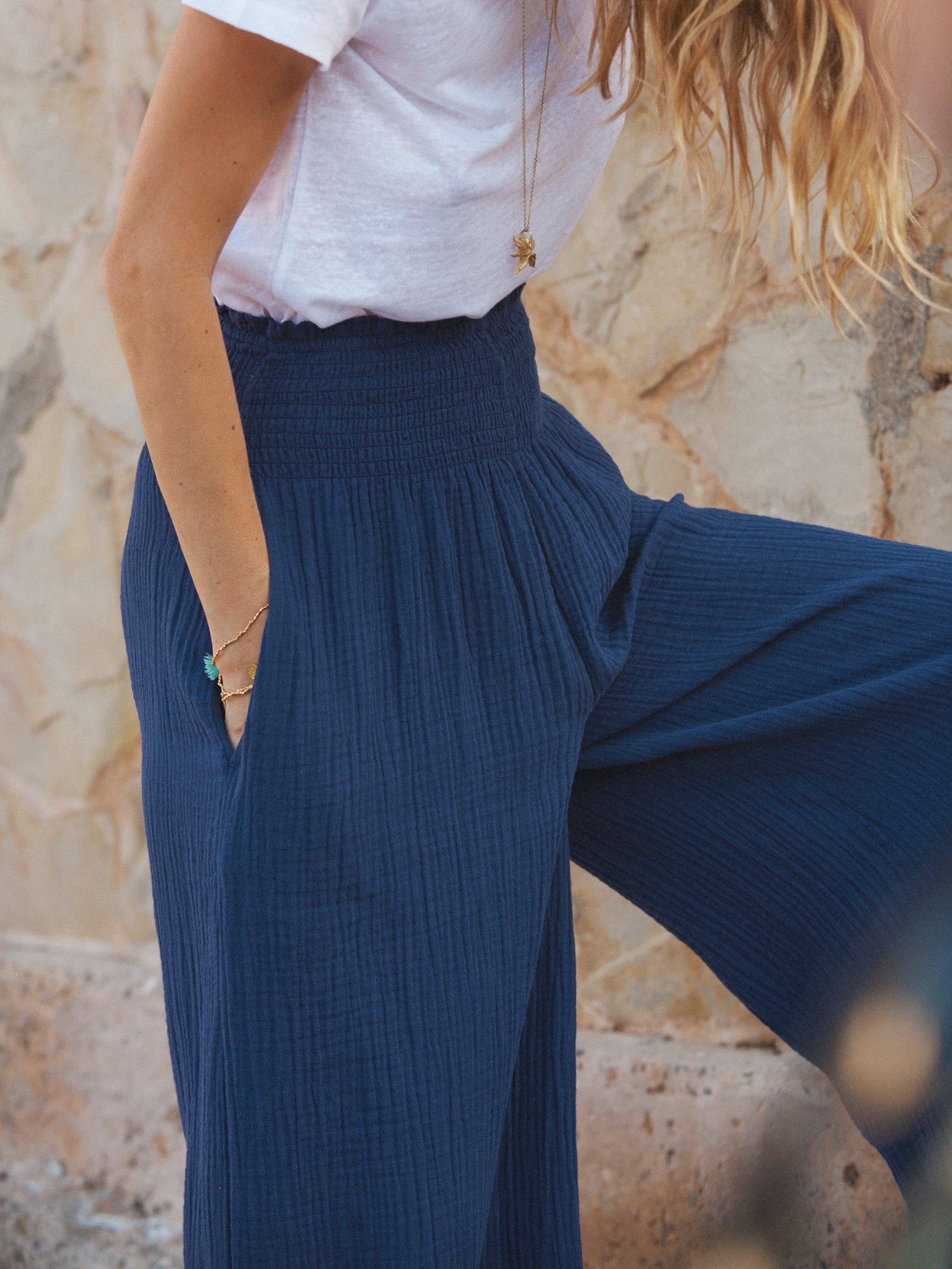 Product image 4 of 5, which shows NRBY Pippi Textured Cotton Wide Leg Trousers, Navy, XS