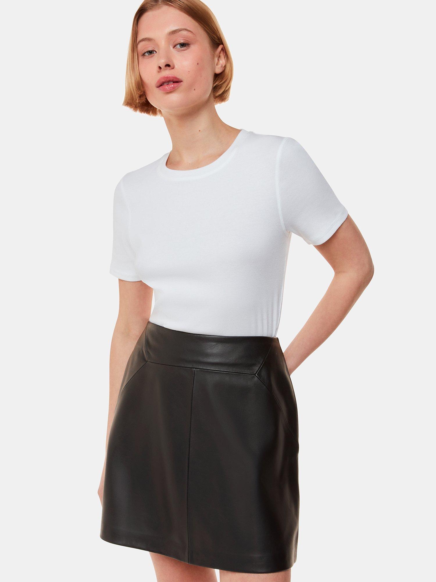 Product image 1 of 5, which shows Whistles A-Line Leather Mini Skirt, Black, 10