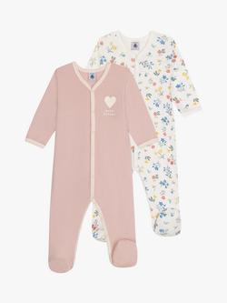 Petit Bateau Baby Floral Print/Plain Sleepsuits, Pack Of 2, Multi, Multi