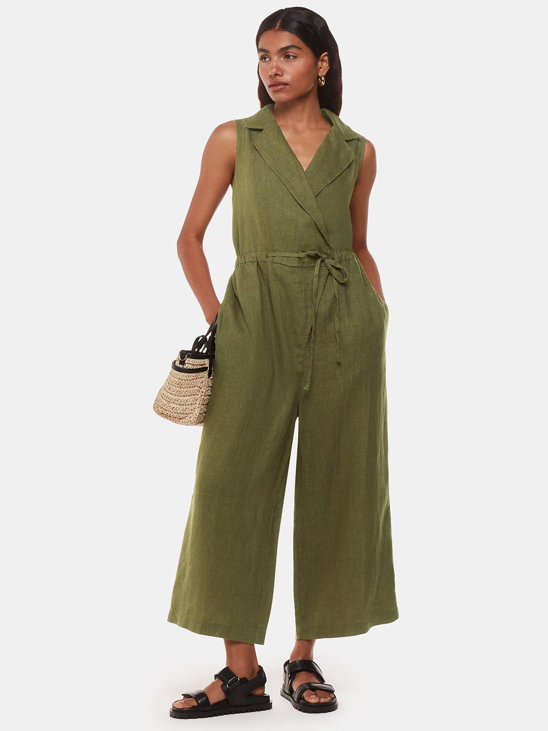 Whistles Petite Bella Linen Wrap Neck Jumpsuit Khaki