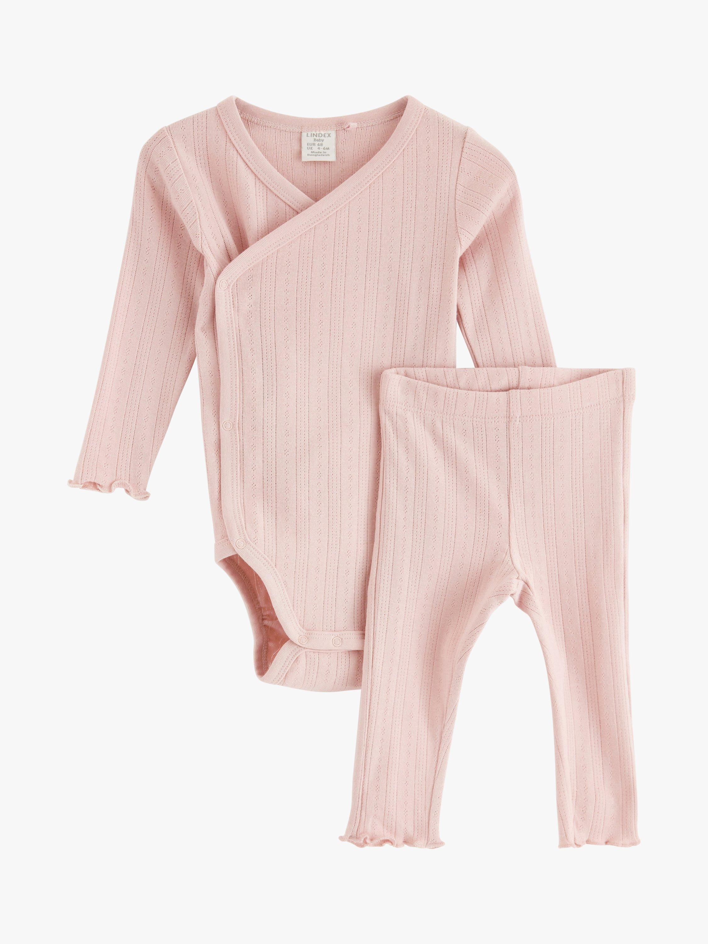 Product image 1 of 3, which shows Lindex Baby Organic Cotton Pointelle Wrap Bodysuit & Leggings Set, Light Dusty Pink, 1-2 months