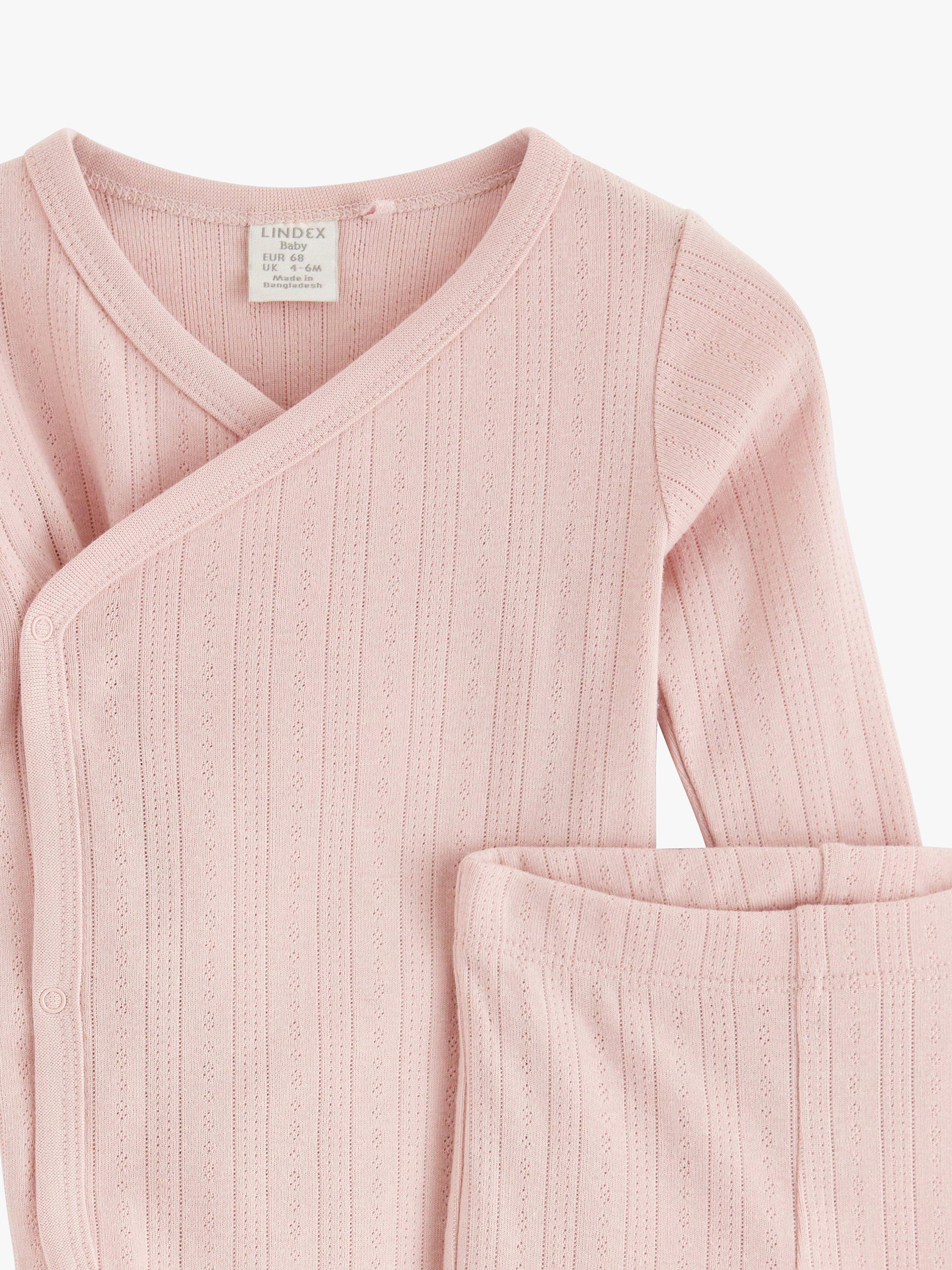Product image 3 of 3, which shows Lindex Baby Organic Cotton Pointelle Wrap Bodysuit & Leggings Set, Light Dusty Pink, 1-2 months