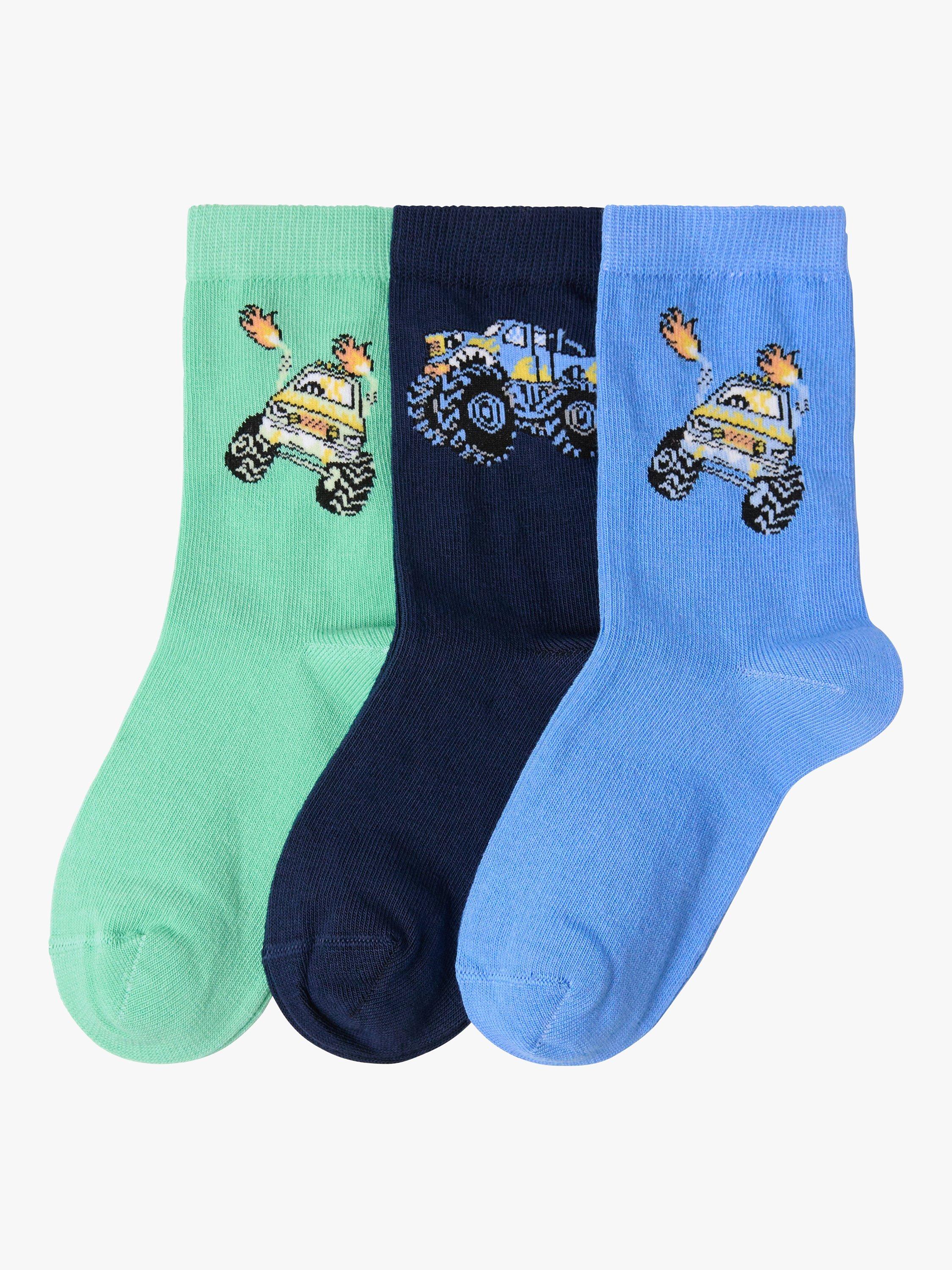 Product image 1 of 3, which shows Lindex Kids' Monster Truck Socks, Pack Of 3, Dusty Blue/Multi, 12-24 months