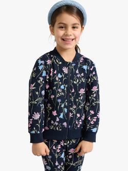 Lindex Kids' Organic Cotton Floral Print Zip Through Bomber Jacket, Dark Navy, Dark Navy