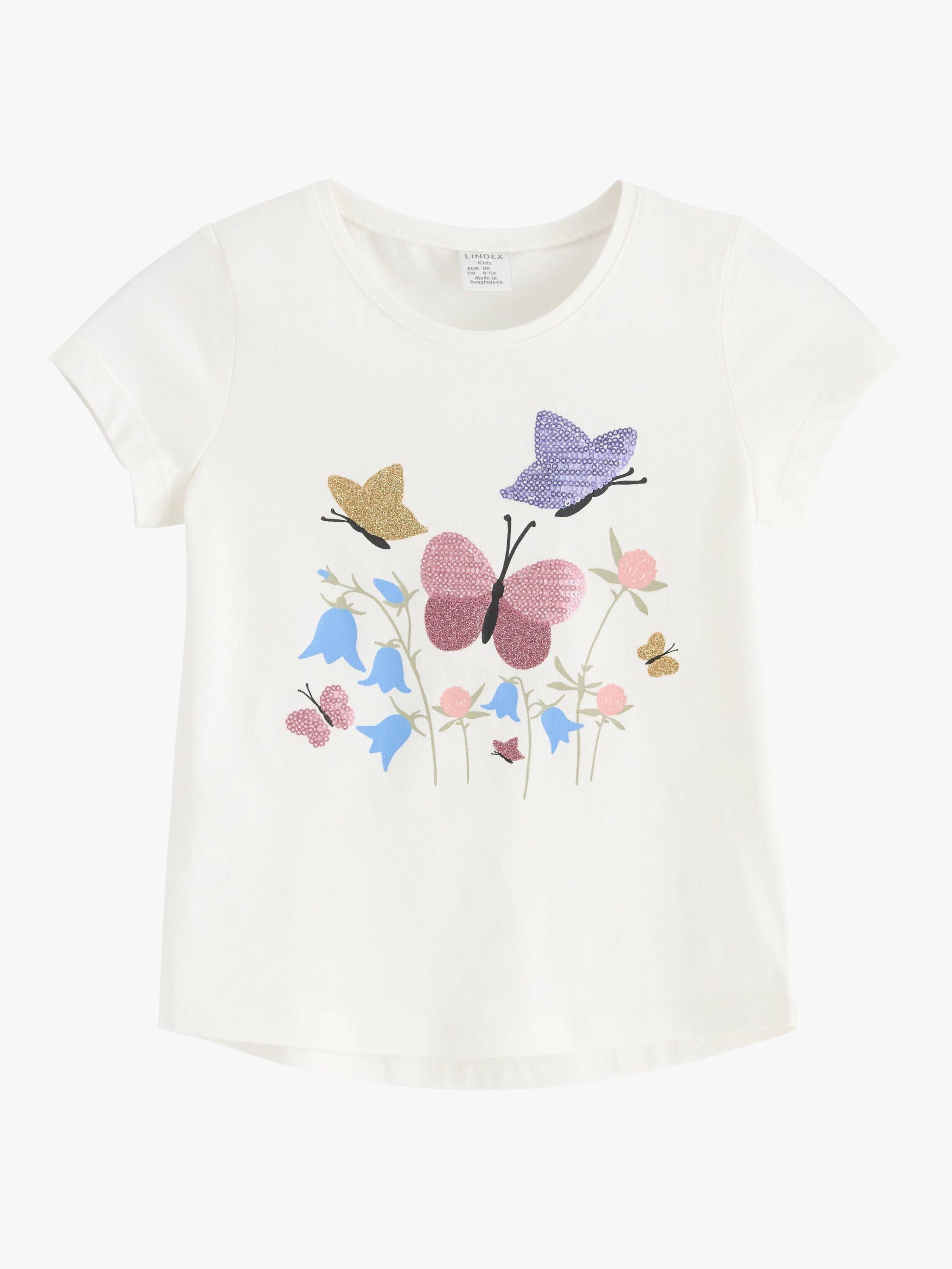 Lindex Kids' Butterfly Flower Print T-Shirt, Light Dusty White/Multi, 18-24 months
