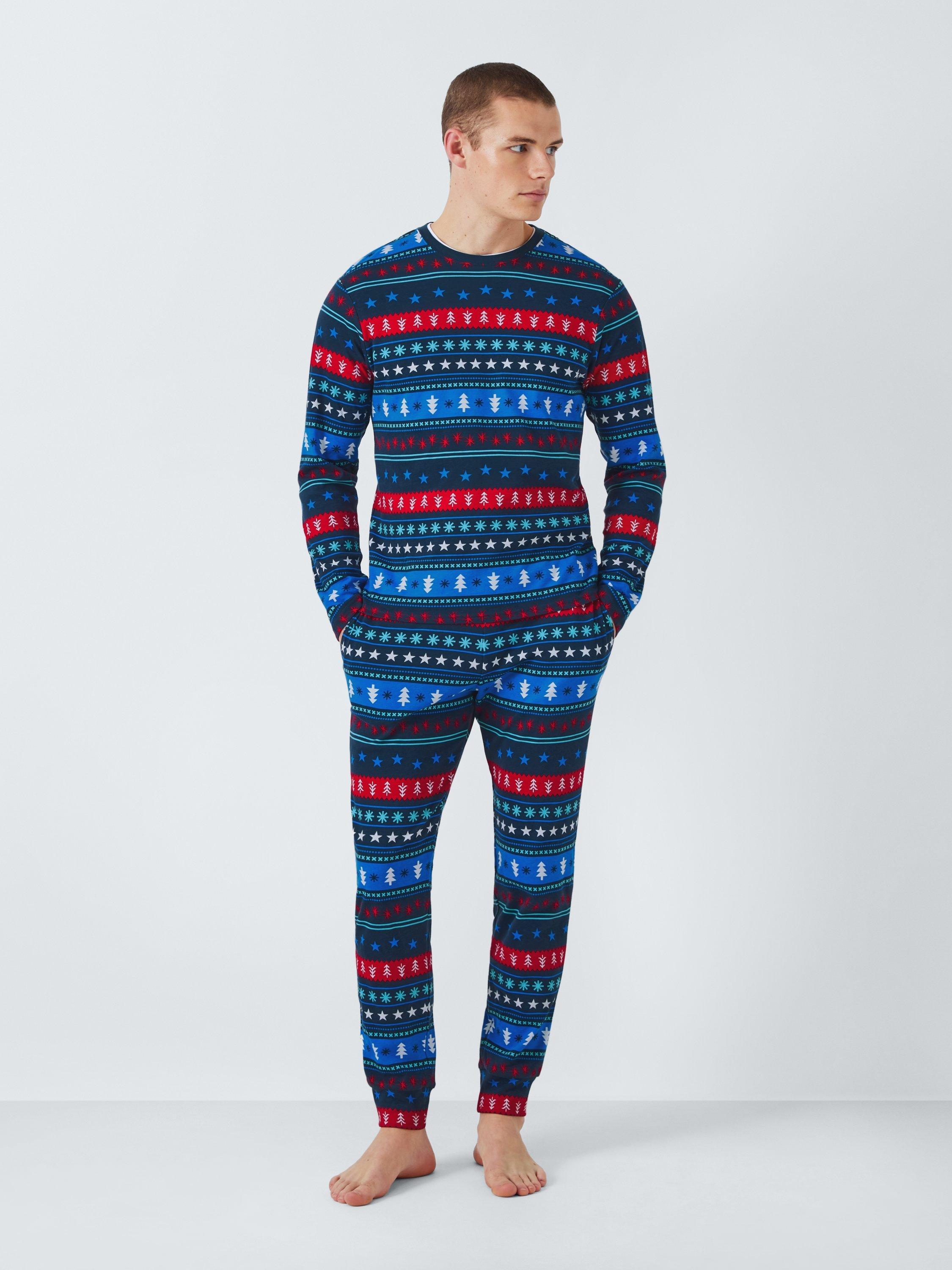 John Lewis Cotton Star Fairisle Crew Neck Long Sleeve Pyjama Set, Blue