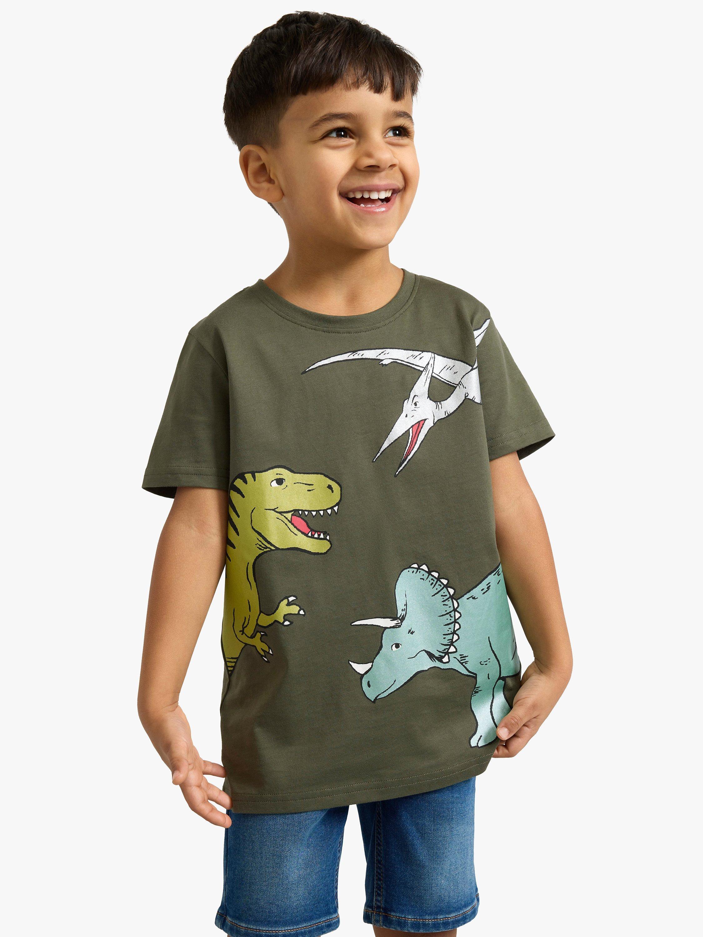 Product image 1 of 5, which shows Lindex Kids' Short Sleeve Dinosaur T-Shirt, Dark Dusty Khaki, 18-24 months