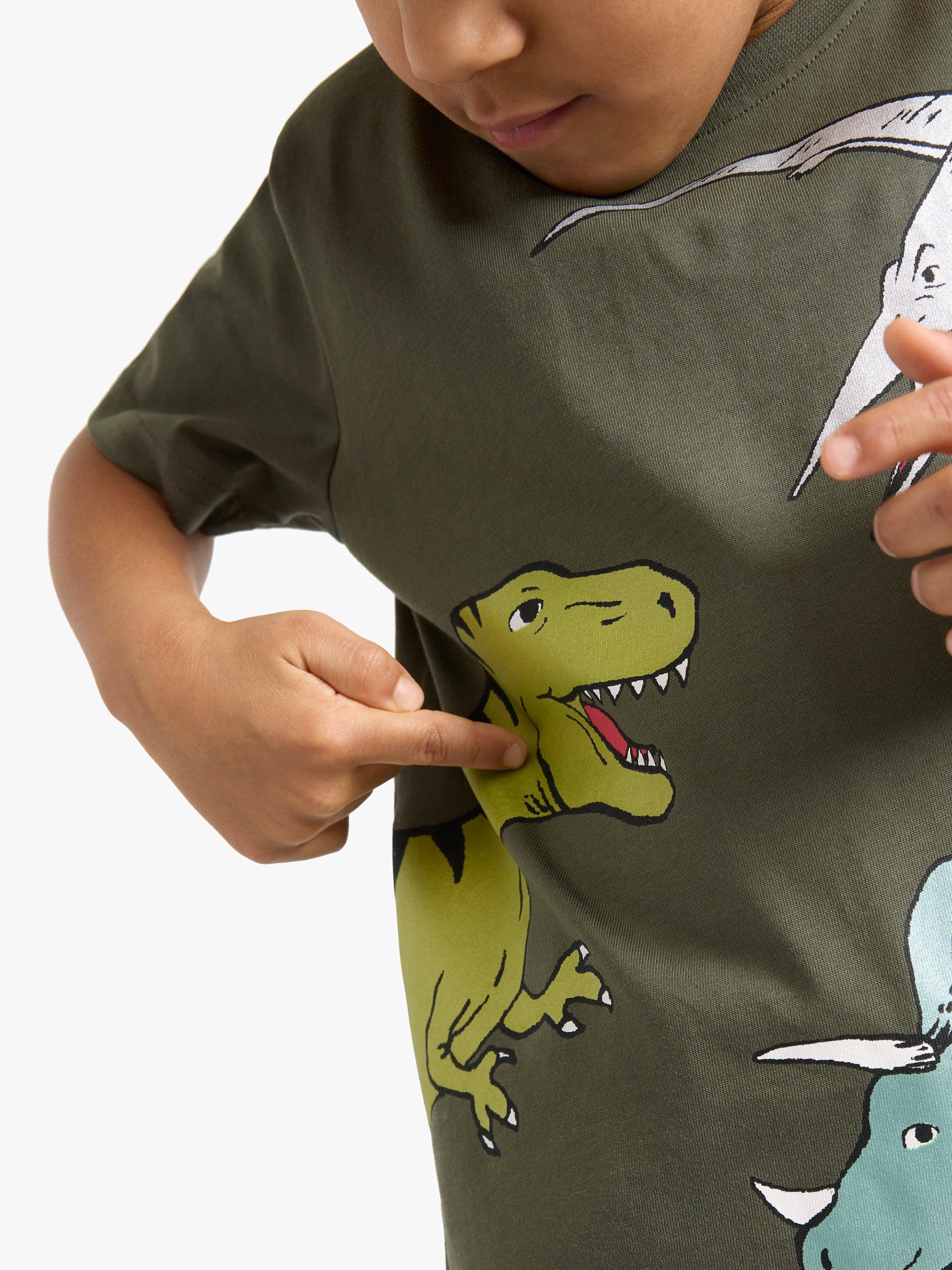 Product image 3 of 5, which shows Lindex Kids' Short Sleeve Dinosaur T-Shirt, Dark Dusty Khaki, 18-24 months